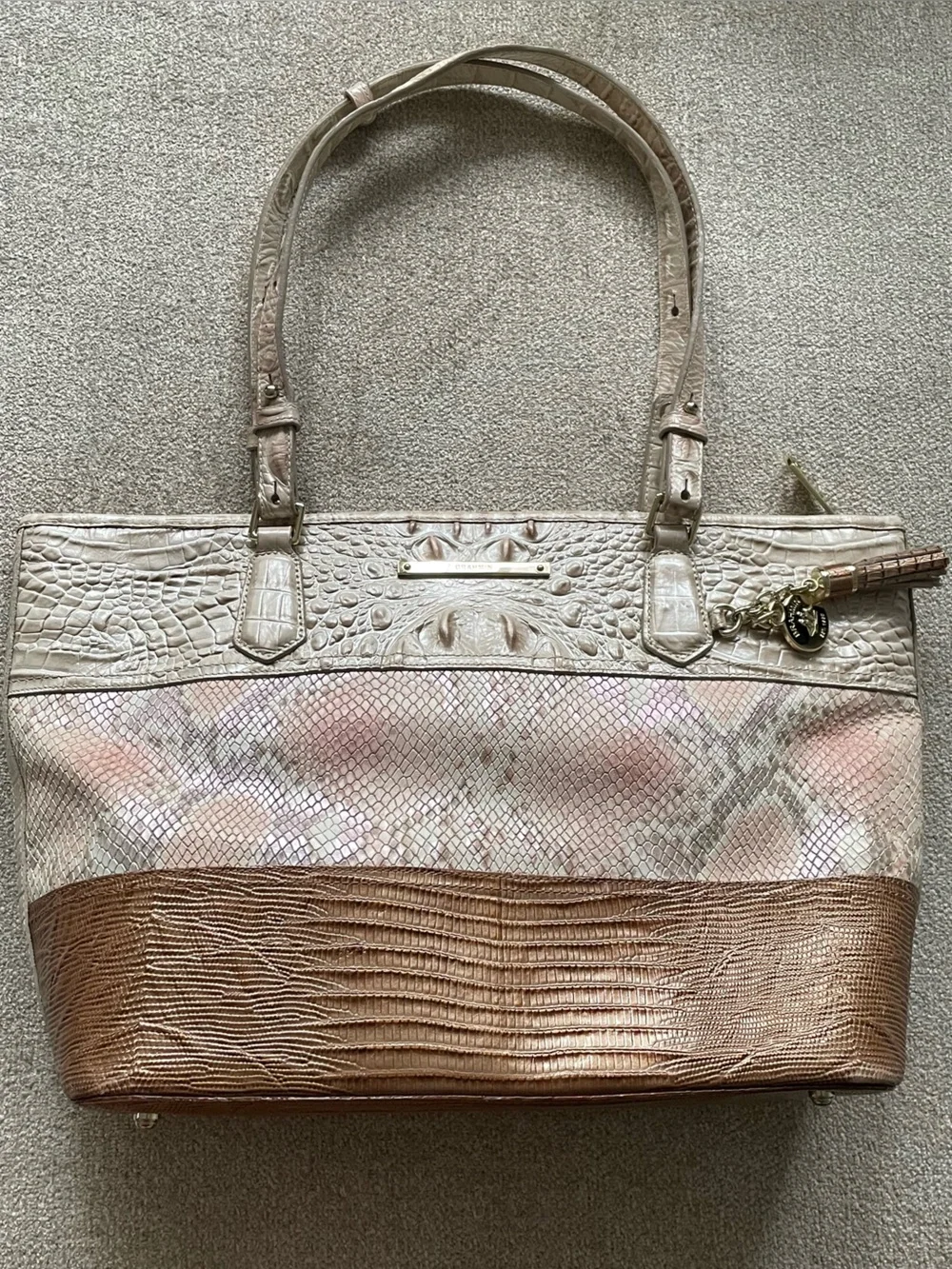 Brahmin Mini Asher Pink Madera Tri Texture Leather Satchel Tote
